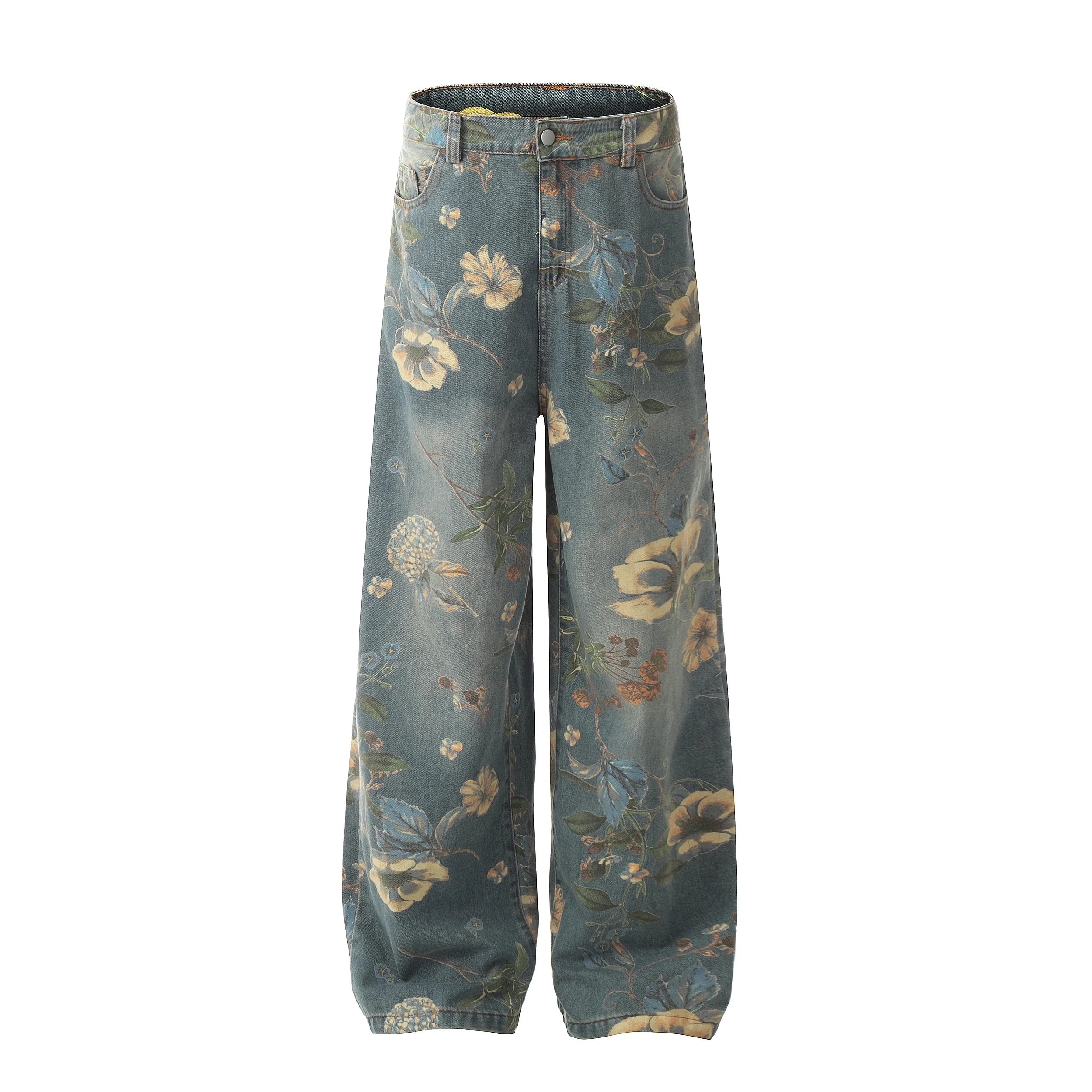 2026 New Vintage Floral Print Wide Leg Denim Pants Y2K High Waisted Distressed Washed Jeans Streetwear Loose Casual Trousers