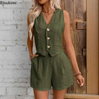 2026 Women's Solid Casual Two Piece Sets Fashion Sexy V-neck Sleeveless Vest Tops and Shorts Suit Women Summer Cotton Linen Sets