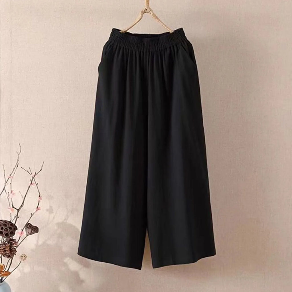 Feamle Casual and Versatile Lazy Style Wide Leg Pants With Pockets Lightweight High Waisted Loose Cropped Capris