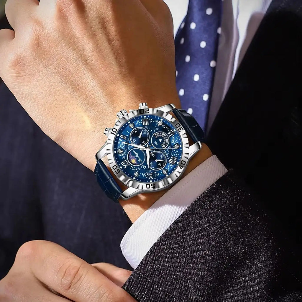 POEDAGAR Top Functional Luxury Man Wristwatch Waterproof Luminous Chronograph Leather Sports Watches For Men Quartz Men's Watch
