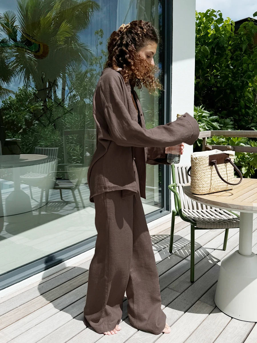 Bornladies Cotton Casual Pants Sets Women's Solid Color Cozy Lapel Long Sleeve Shirt Summer Outfit Elastic Waist Pants Suits