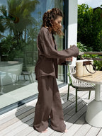 Bornladies Cotton Casual Pants Sets Women's Solid Color Cozy Lapel Long Sleeve Shirt Summer Outfit Elastic Waist Pants Suits