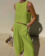 Cotton And Linen Pant Sets Women Sleeveless Leace-up Short Tops Drawstring Long Pants Two Piece Set Commuting 2023 Summer New