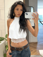 Lace Patchwork Halter Sleeveless Top Bow SLeeveless Tie Slim Fitted 2026 Summer Elegant Women Blouse Versatile Chic Lady Top