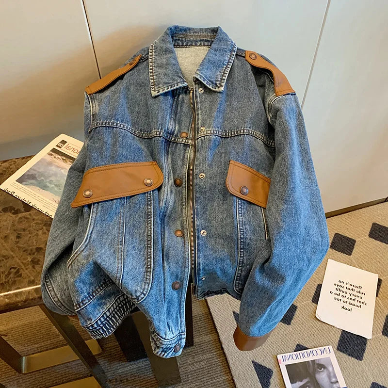 CJFHJE Blue Vintage Patchwork Denim Jacket Women Chicly Fashion Korean Loose Female Jackets Harajuku Zipper Casual Denim Coats