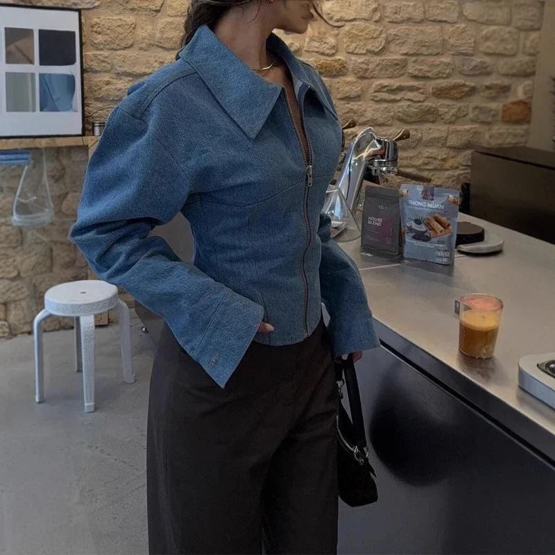 Women Denim Lapel Short Coat Casual Fashion Long Sleeve Vintage High Waist Cardigan Winter Street Lapel Office Commuting Jackets