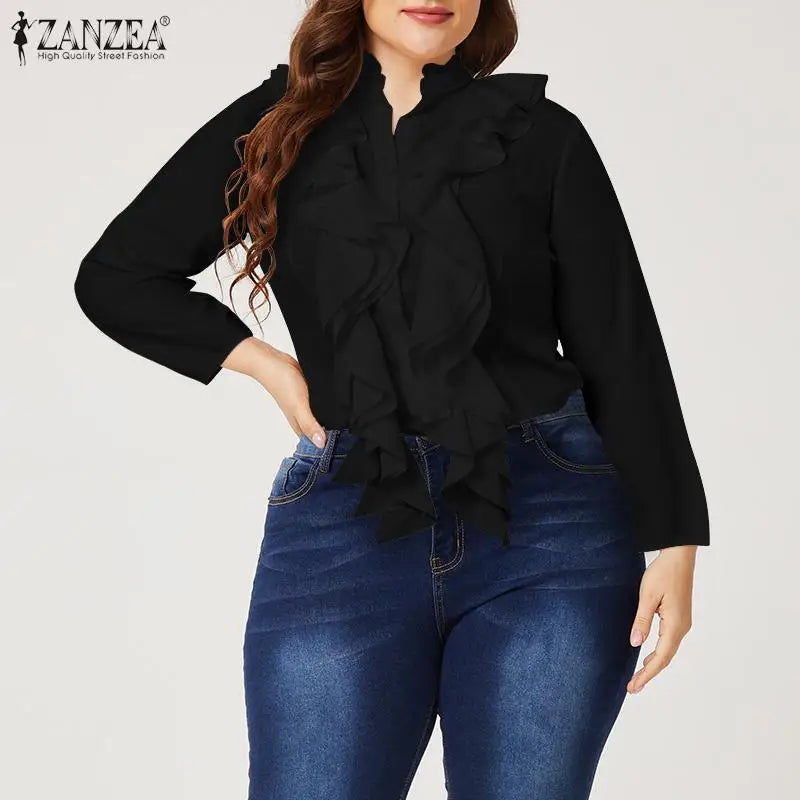 ZANZEA Elegant Women Blouse Ruffles Tops Fashion Long Sleeve Shirts Flounce Blusas Stylish OL Work Shirt Female White Blouses
