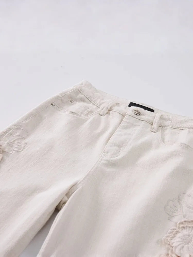 Designer Women Fashion Spring Summer Embroidery Flowers Jeans Hollow Out High Waist Denim Pants Casual Ankle Length Trousers