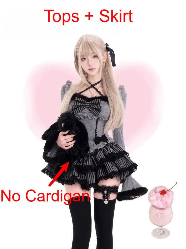Japanese Sweet Preppy Style 2 Piece Set Women Kawaii Lace Patchwork Bow Tops + Y2k Plaid Mini Skirt Elegant Fashion Outifits New