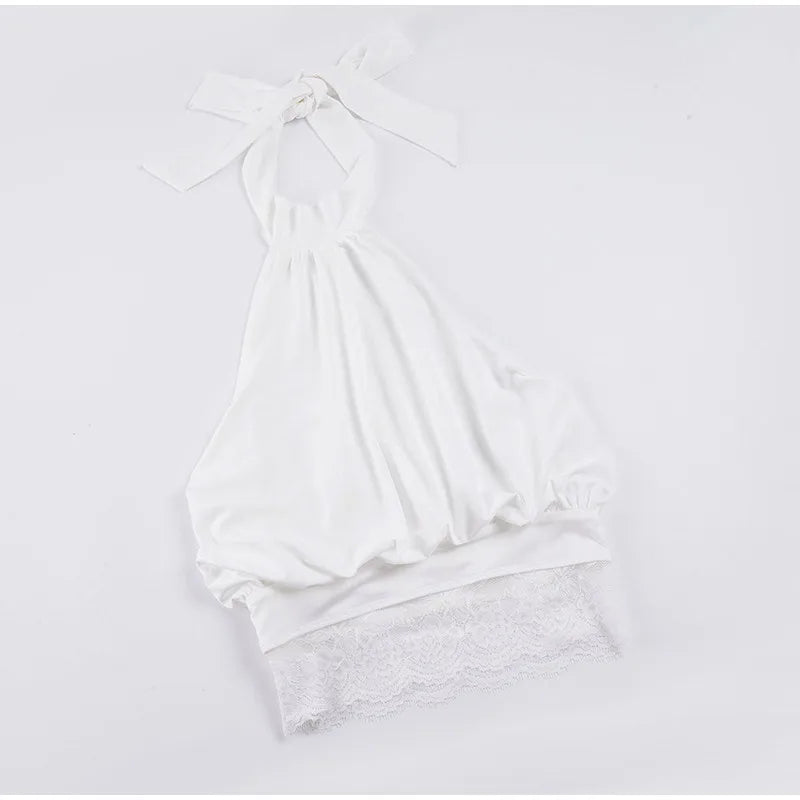 Lace Patchwork Halter Sleeveless Top Bow SLeeveless Tie Slim Fitted 2026 Summer Elegant Women Blouse Versatile Chic Lady Top