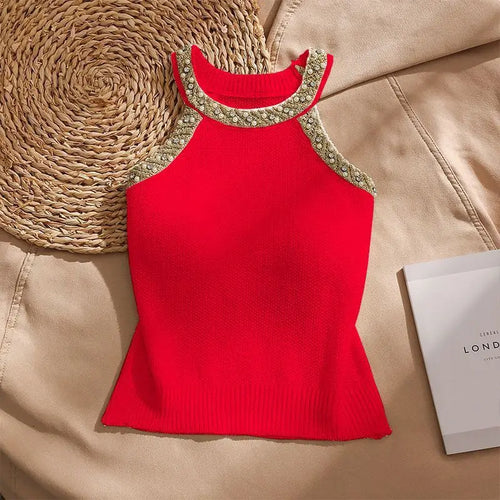 2026 Summer Sleeveless Knitted Vest Shirt Slim Halter Neck Beaded Tops Slim Sexy Bright Silk Women Camisole
