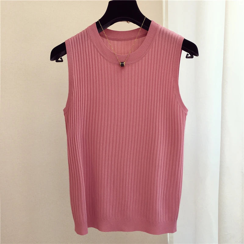 zjais Summer Spring Tanks Top Women Sleeveless Knitted T-Shirts Female Elastic Slim Casual Vests Crop Tops Camis Pullover Shirts