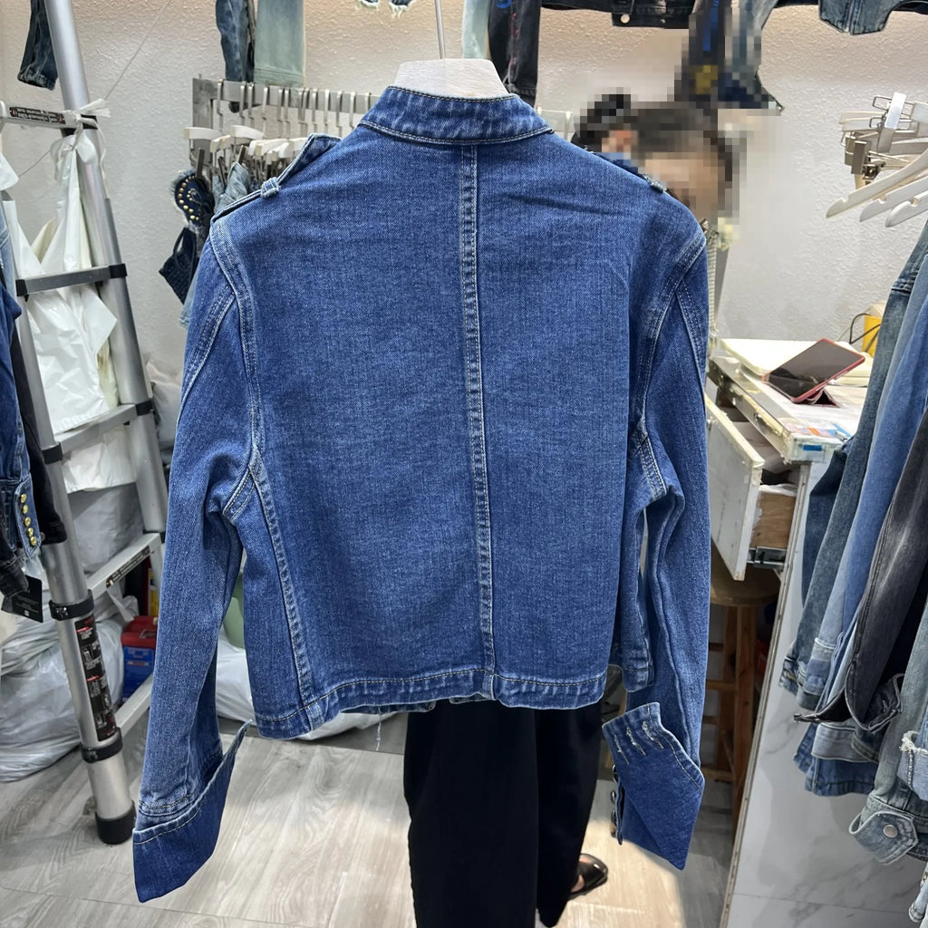 Denim Coat Women Jacket Streetwear Distressed Button Stand Collar Washed Patchwork Female Vintage Autumn Casual Outerwear