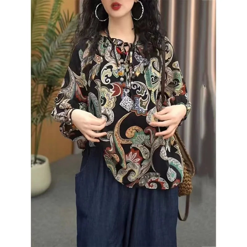 New Womens Cotton and Linen Clothing Sets Female Floral Long Sleeve Tops and Loose Pants Female 2PCS Outfits Plus Size
