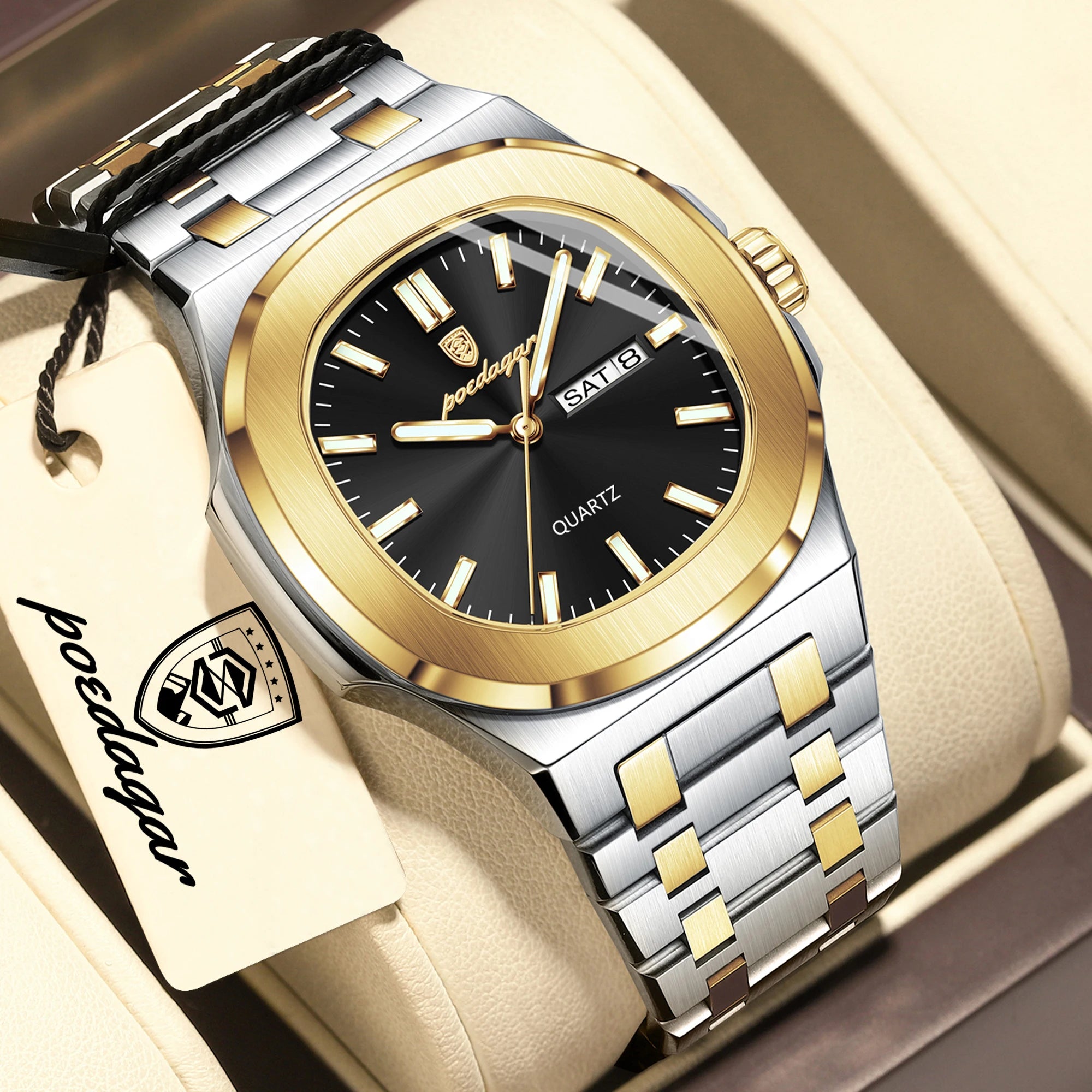 POEDAGAR Top Trendy Men's Watches Waterproof Luminous Date Week Luxury Men Watch Stainless Steel Quartz Business Man Clock Reloj
