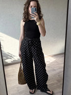 Black Polka Dot Linen Pants Women Wide Leg Summer Trousers Baggy For Ladies White Oversize Cotton Linen Pants Woman Wide