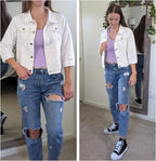 Womens Jean Jacket Cropped Denim Jackets Purple Yellow White Blue Stretchy 3/4 Puff Sleeve Distressed Shacket With Pockets