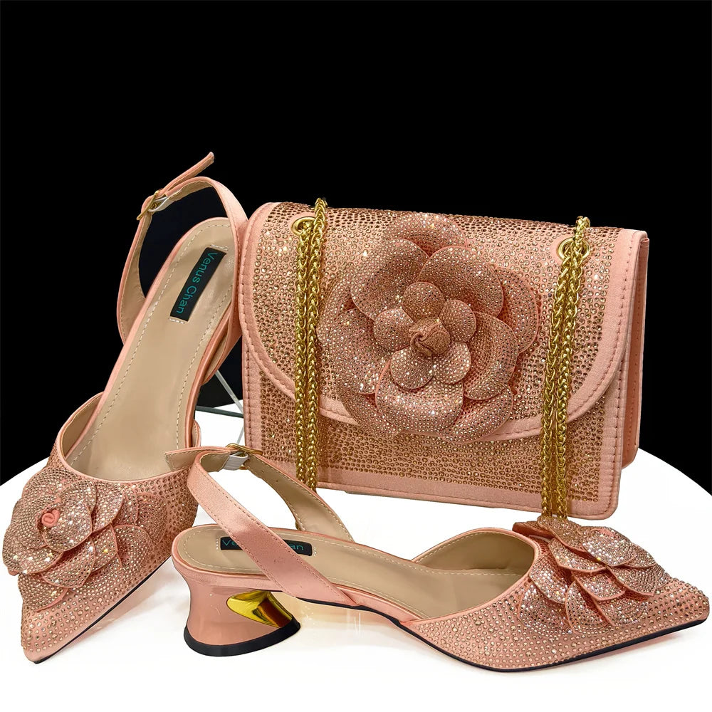 Italian Shoes And Bag Sets With Stones Gold EDHDF1-3
