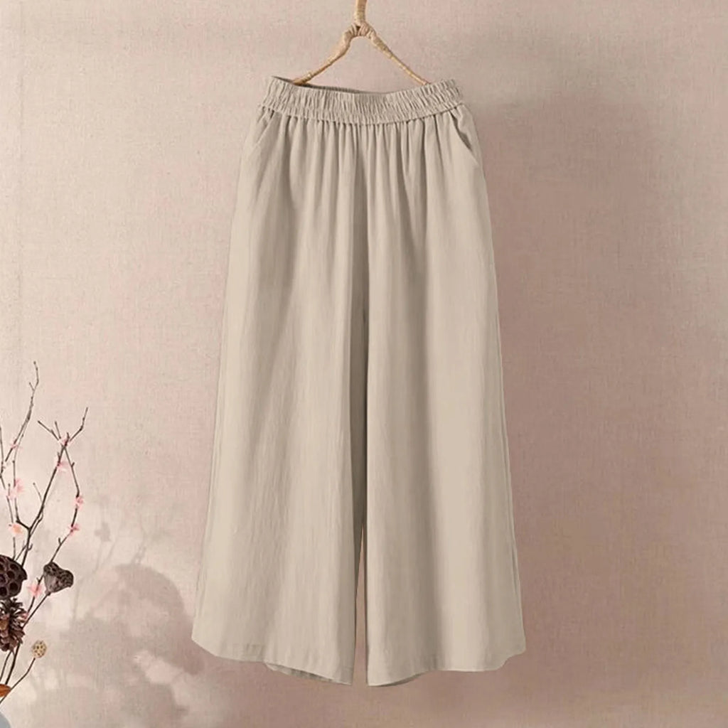 Feamle Casual and Versatile Lazy Style Wide Leg Pants With Pockets Lightweight High Waisted Loose Cropped Capris