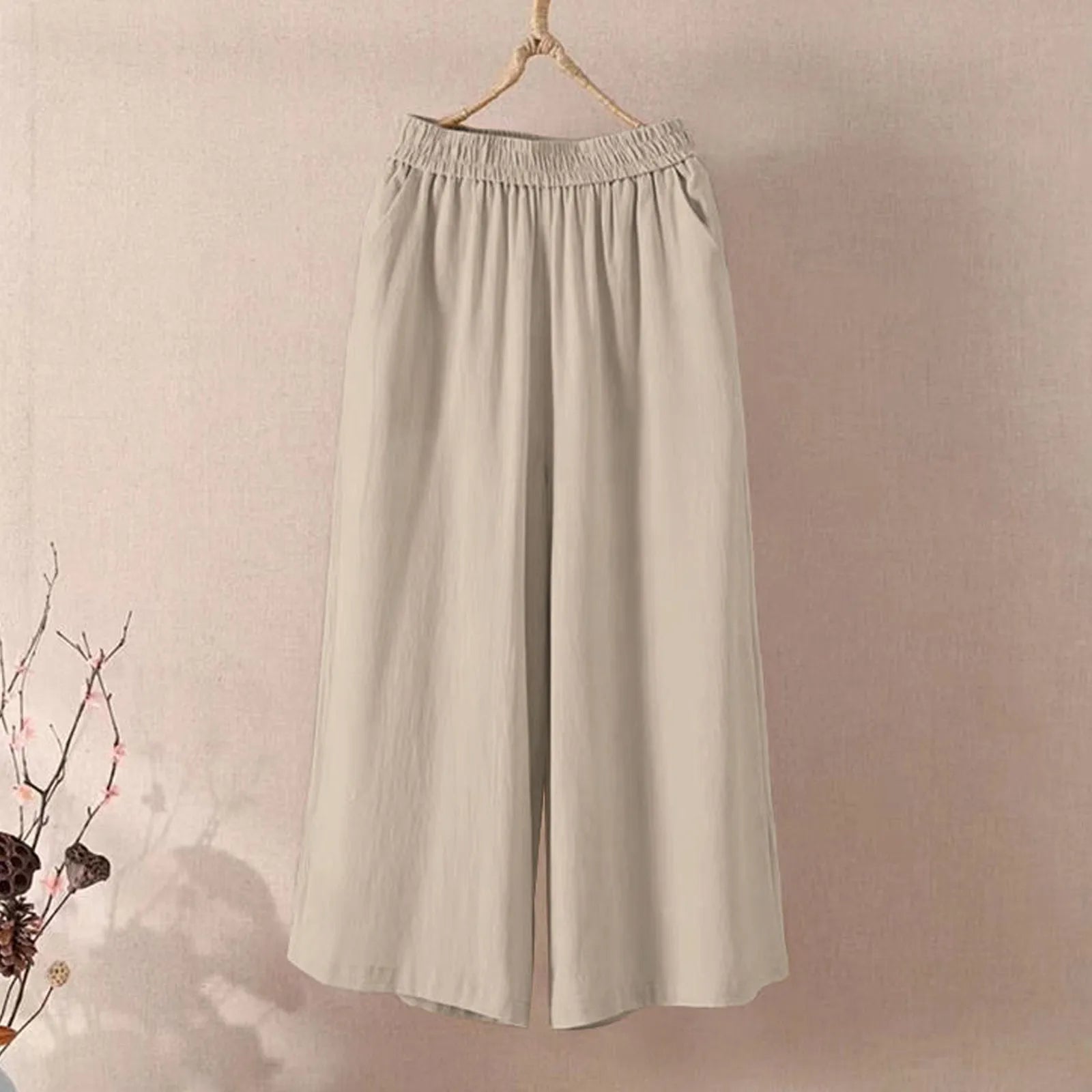 Feamle Casual and Versatile Lazy Style Wide Leg Pants With Pockets Lightweight High Waisted Loose Cropped Capris