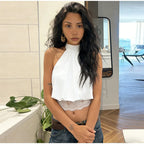 Lace Patchwork Halter Sleeveless Top Bow SLeeveless Tie Slim Fitted 2026 Summer Elegant Women Blouse Versatile Chic Lady Top