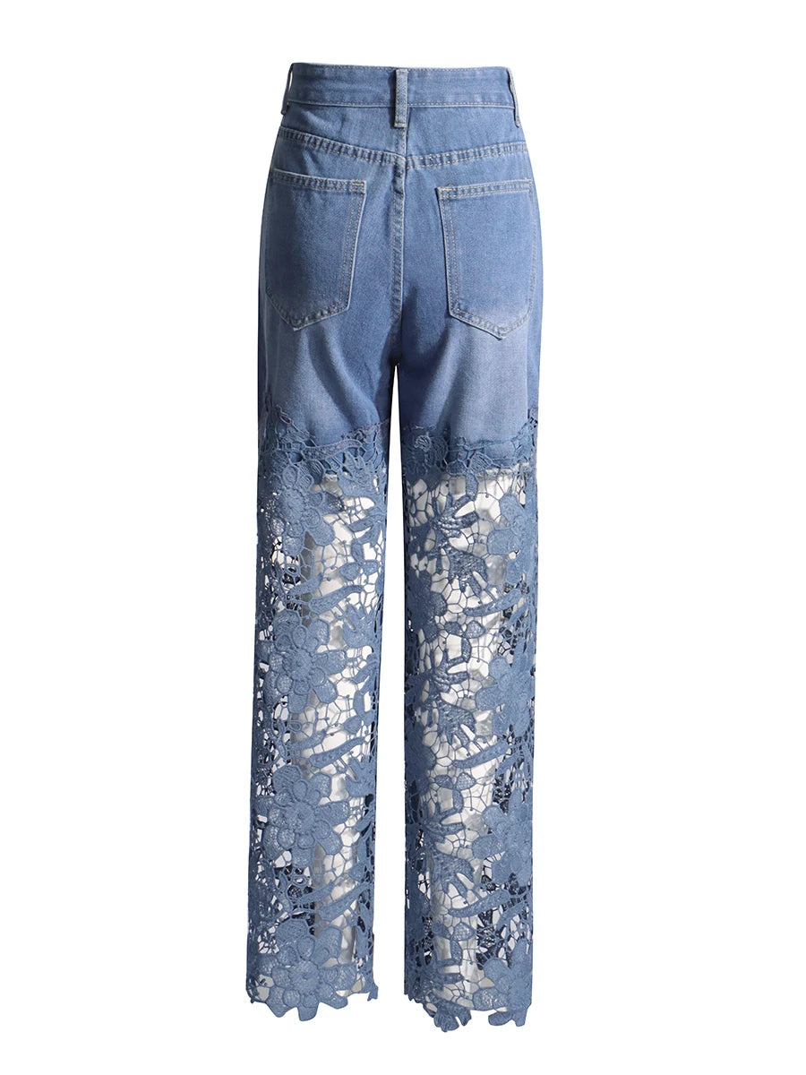 VGH Solid Slimming Hollow Out Temperament Denim Pants For Women High Waist Spliced Button Temperament Trousers Female Fashion