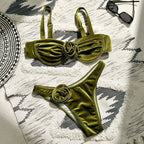 Green flower push up velvet two piece swimsuit