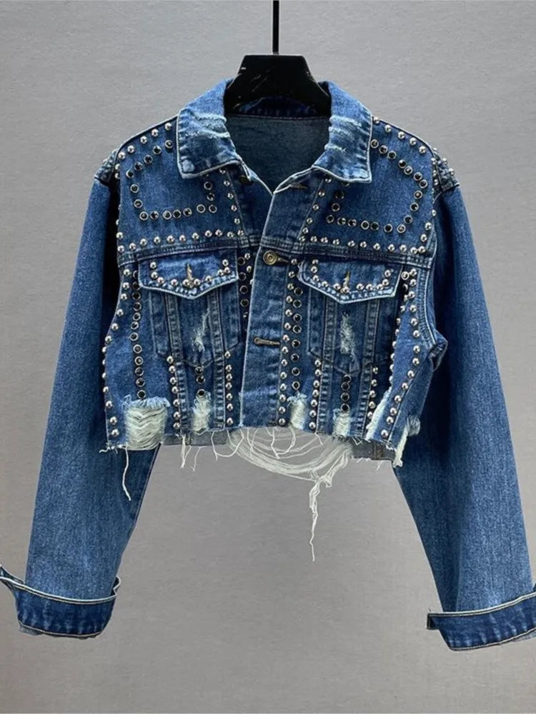 Women's Heavy Industry Riveted Diamond Denim Jacket Spring  Autumn New Slim Fashion Frayed Beaded Jacket Denim Female Tops 2026