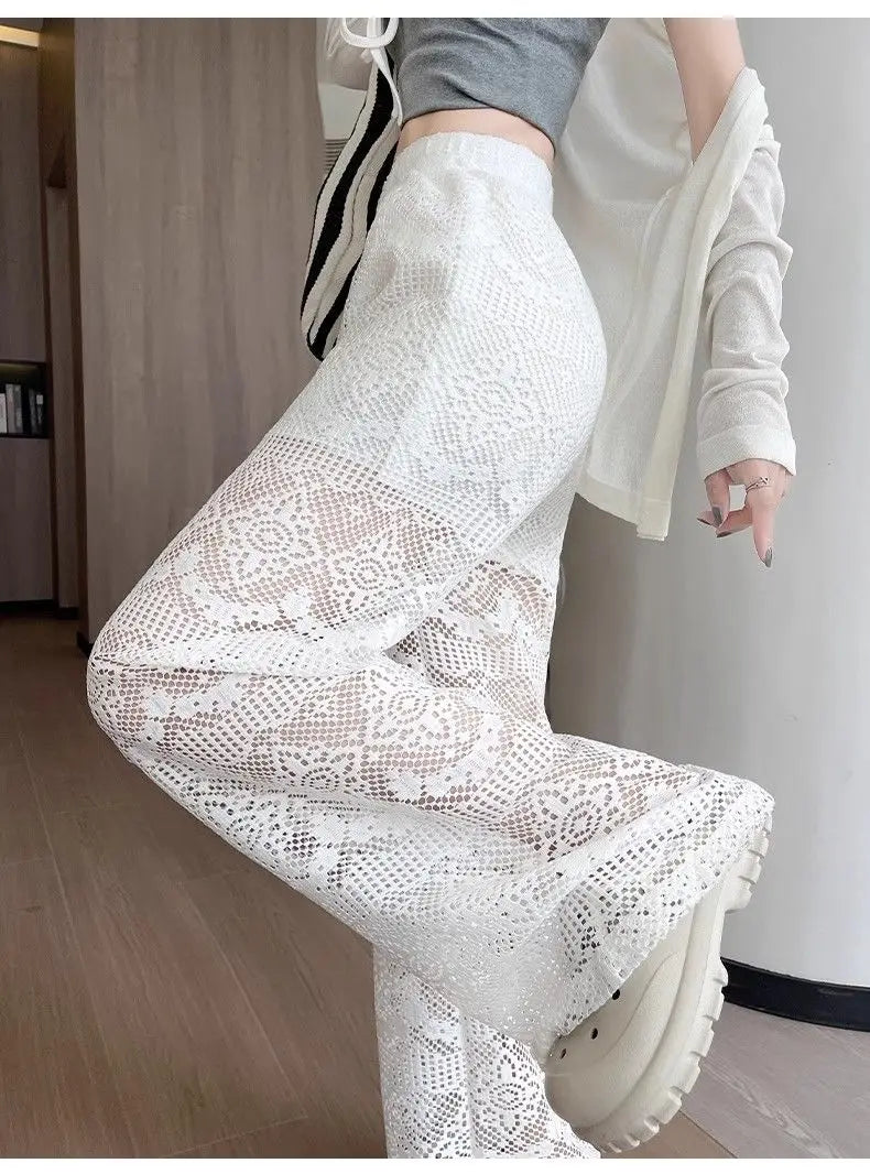 Hollow Lace White Casual Wide Leg 2025 Loose New Lazy Style Design Straight Trousers