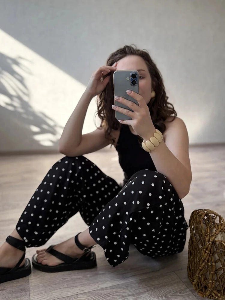 Black Polka Dot Linen Pants Women Wide Leg Summer Trousers Baggy For Ladies White Oversize Cotton Linen Pants Woman Wide