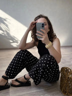 Black Polka Dot Linen Pants Women Wide Leg Summer Trousers Baggy For Ladies White Oversize Cotton Linen Pants Woman Wide