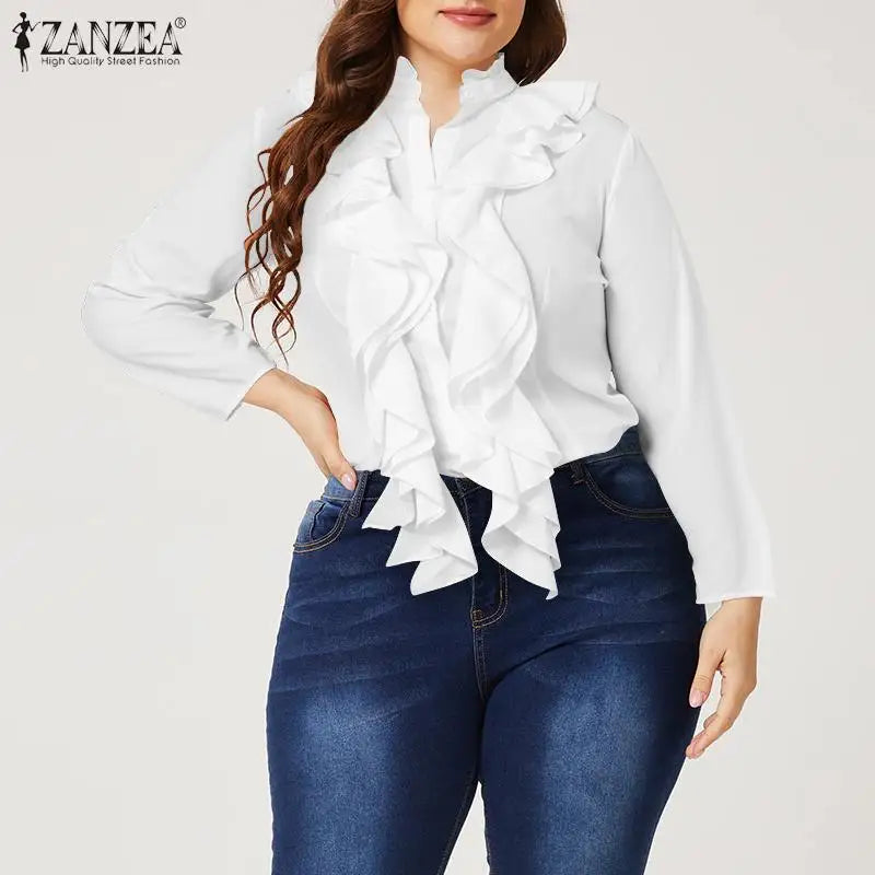 ZANZEA Elegant Women Blouse Ruffles Tops Fashion Long Sleeve Shirts Flounce Blusas Stylish OL Work Shirt Female White Blouses