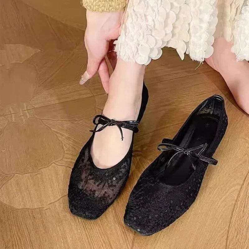 2026 Women's Lace Mesh Mary Jane Shoes Fashion Square Toe Bowknot Flats Soft Sole Comfortable Slip-On Retro Elegant Date Shoes