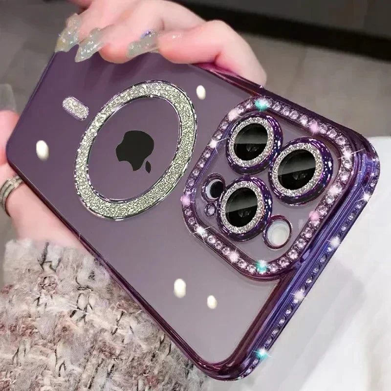 Clear Bling Crystal Phone Case For iPhone 16 15 14 11 12 13 Pro Max Plus For Magsafe Magnetic Wireless Charging Lens Film Cover
