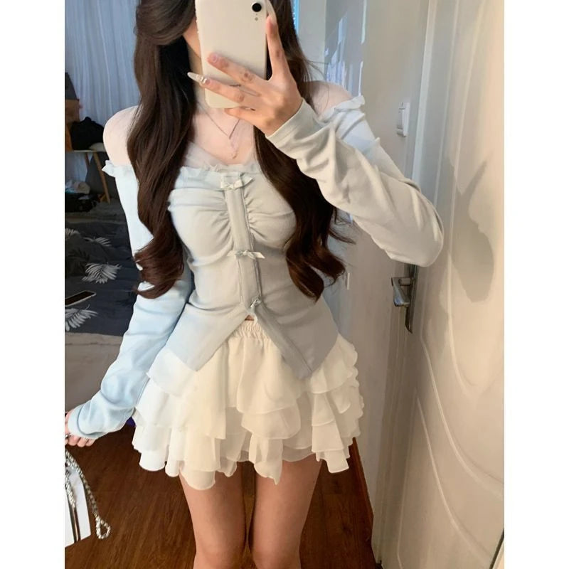Women Mini Skirt 2 Piece Set Long Sleeve Coquette Thin Tops Y2k Mini Skirt Kpop Girl 2000s Aesthetic Outfits Vintage Suits