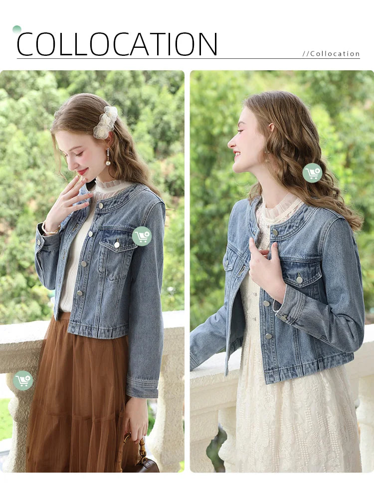 I BELIEVE YOU Short Denim Coat for Women 2024 Crew Neck Autumn New Casual Basic Straight Comfort Retro Female Jackets CWN245542A