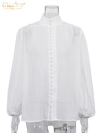 Clacive Fashion White Cotton Woman Blouse 2024 Elegant Stand Collar Puff Sleeve Shirts Casaul Classic Blusa Tops Female Clothing