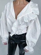 Women's White Tie Front Knot Blouse Elegant Sexy Oversized Collared Shirt with Bow Detail 2026 Women's Office Wear Tops