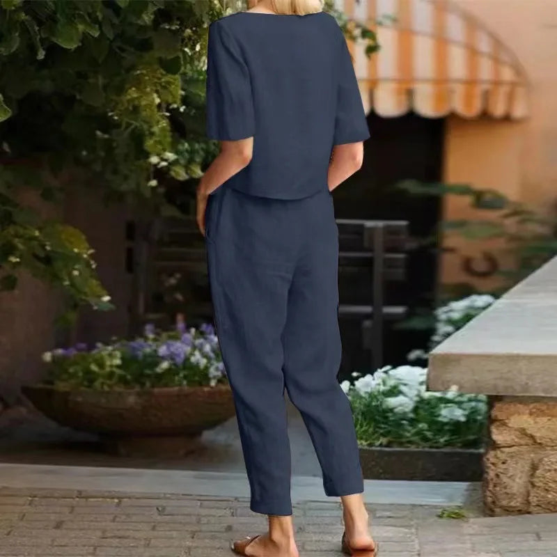 Casual Elegant Ladies 2 Piece Sets Fashion Spring Cotton Linen Women's Tracksuit Suit Long Sleeve Top Loose Pants Set Female
