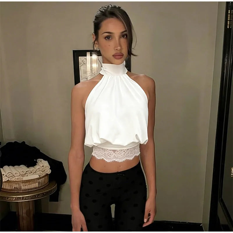 Lace Patchwork Halter Sleeveless Top Bow SLeeveless Tie Slim Fitted 2026 Summer Elegant Women Blouse Versatile Chic Lady Top