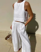 Cotton And Linen Pant Sets Women Sleeveless Leace-up Short Tops Drawstring Long Pants Two Piece Set Commuting 2023 Summer New