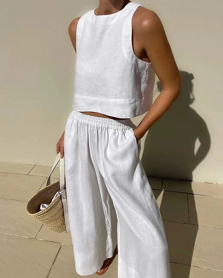 Cotton And Linen Pant Sets Women Sleeveless Leace-up Short Tops Drawstring Long Pants Two Piece Set Commuting 2023 Summer New