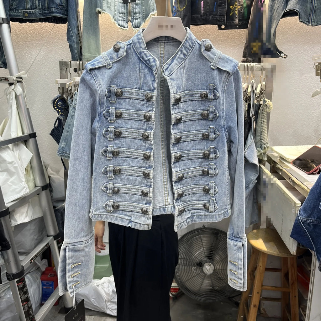 Denim Coat Women Jacket Streetwear Distressed Button Stand Collar Washed Patchwork Female Vintage Autumn Casual Outerwear