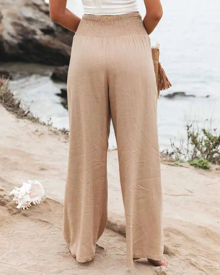 Women's casual pants with drawstring, mid waist, beach wide leg, spring and summer, European and American pants