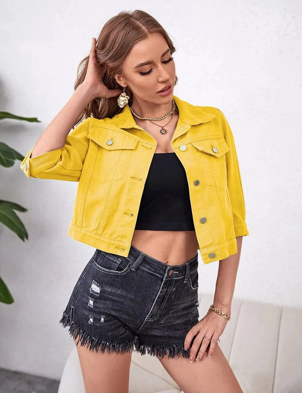 Womens Jean Jacket Cropped Denim Jackets Purple Yellow White Blue Stretchy 3/4 Puff Sleeve Distressed Shacket With Pockets