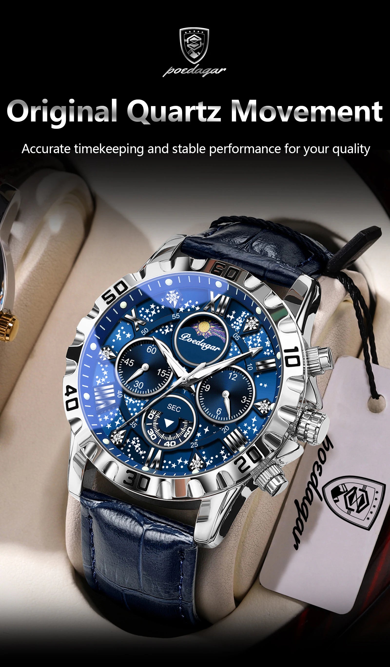 POEDAGAR Top Functional Luxury Man Wristwatch Waterproof Luminous Chronograph Leather Sports Watches For Men Quartz Men's Watch