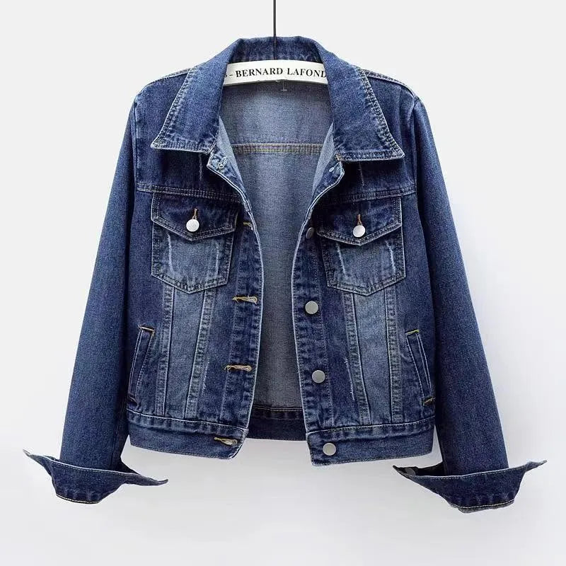 Slim Fit Denim Jacket for Women Short Washed Single Breasted Long Sleeve Tops