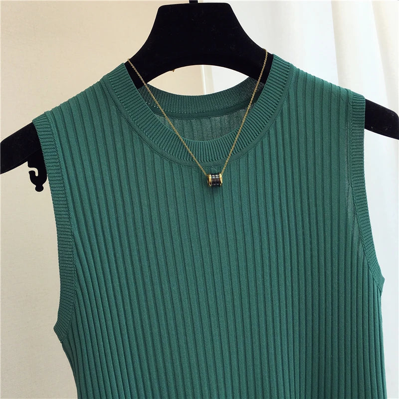 zjais Summer Spring Tanks Top Women Sleeveless Knitted T-Shirts Female Elastic Slim Casual Vests Crop Tops Camis Pullover Shirts