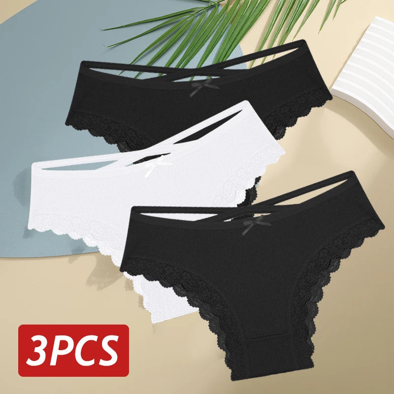 3PCS/Set Women’s Cotton Lace Bikini Panties – Low-Rise Breathable Soft Stretch Underwear (95% Cotton Comfort Fit) Sexy Low Rise Lace Brazilian Panties Hollow Out Soft Breathable Lingerie Female Bow Underwear S-XL