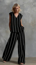 Black White Vertical Striped Loose Top+Wide Leg Pants Two-piece Summer Women's Loose Cotton Linen Trousers Set Костюм Женский